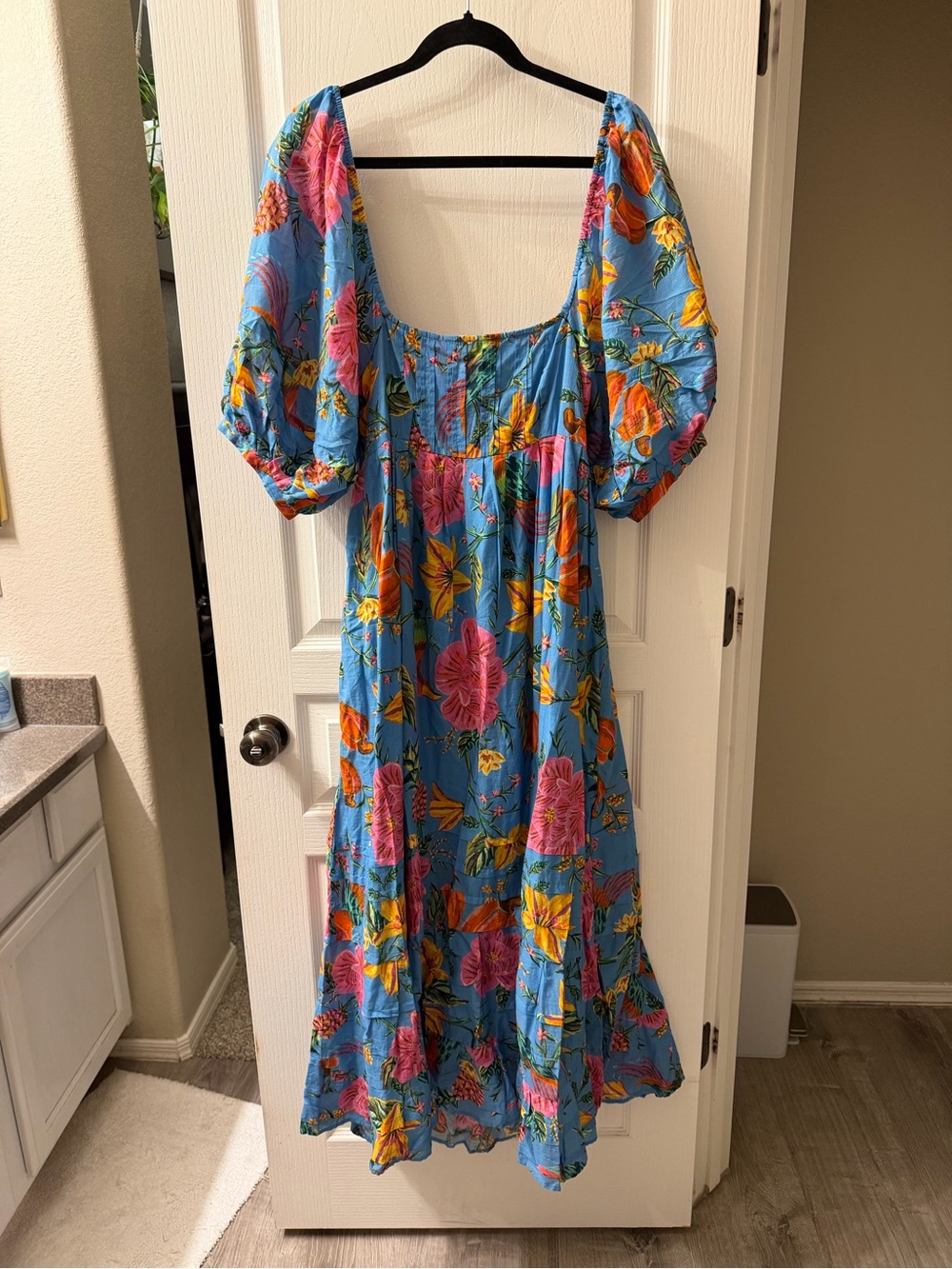 FARM Rio Blue Floral Puff-Sleeve Maxi Dress with Pink & Yellow Blooms